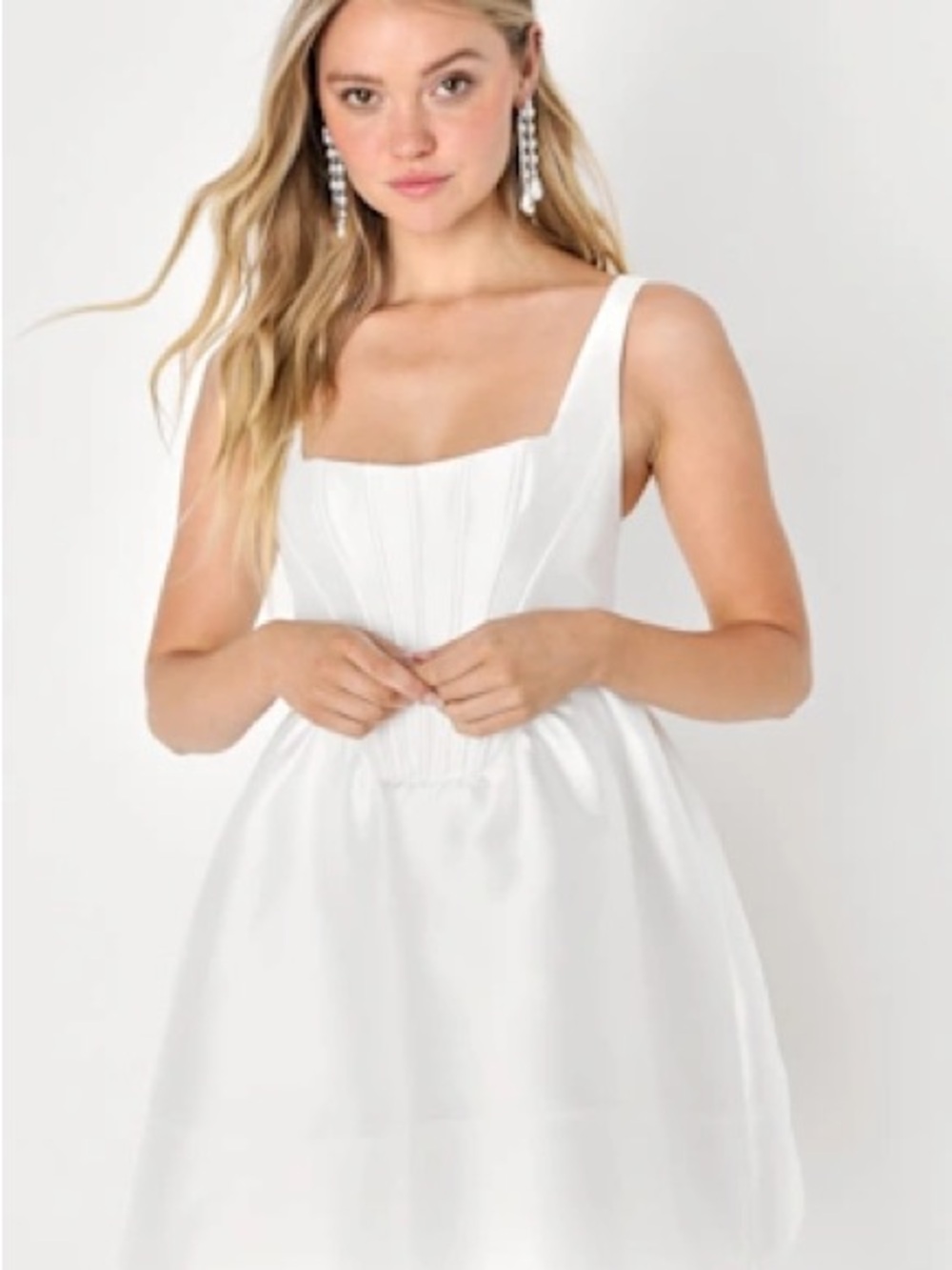 Lulu's White Square-Neck Satin Mini Dress with Corset Bodice